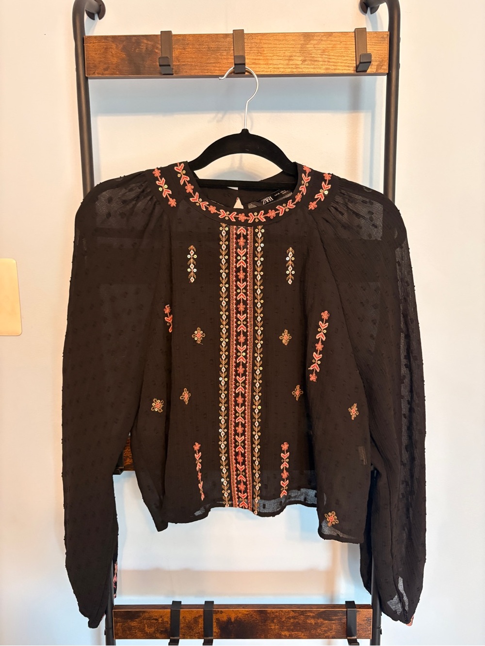 Zara Black Sheer Blouse with Pink & Cream Embroidery